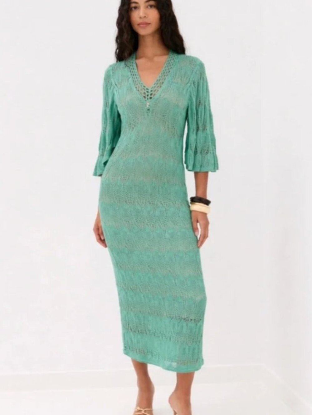 FIGUE‎ Allison Crochet Lined Midi Dress Green M $998 NWT